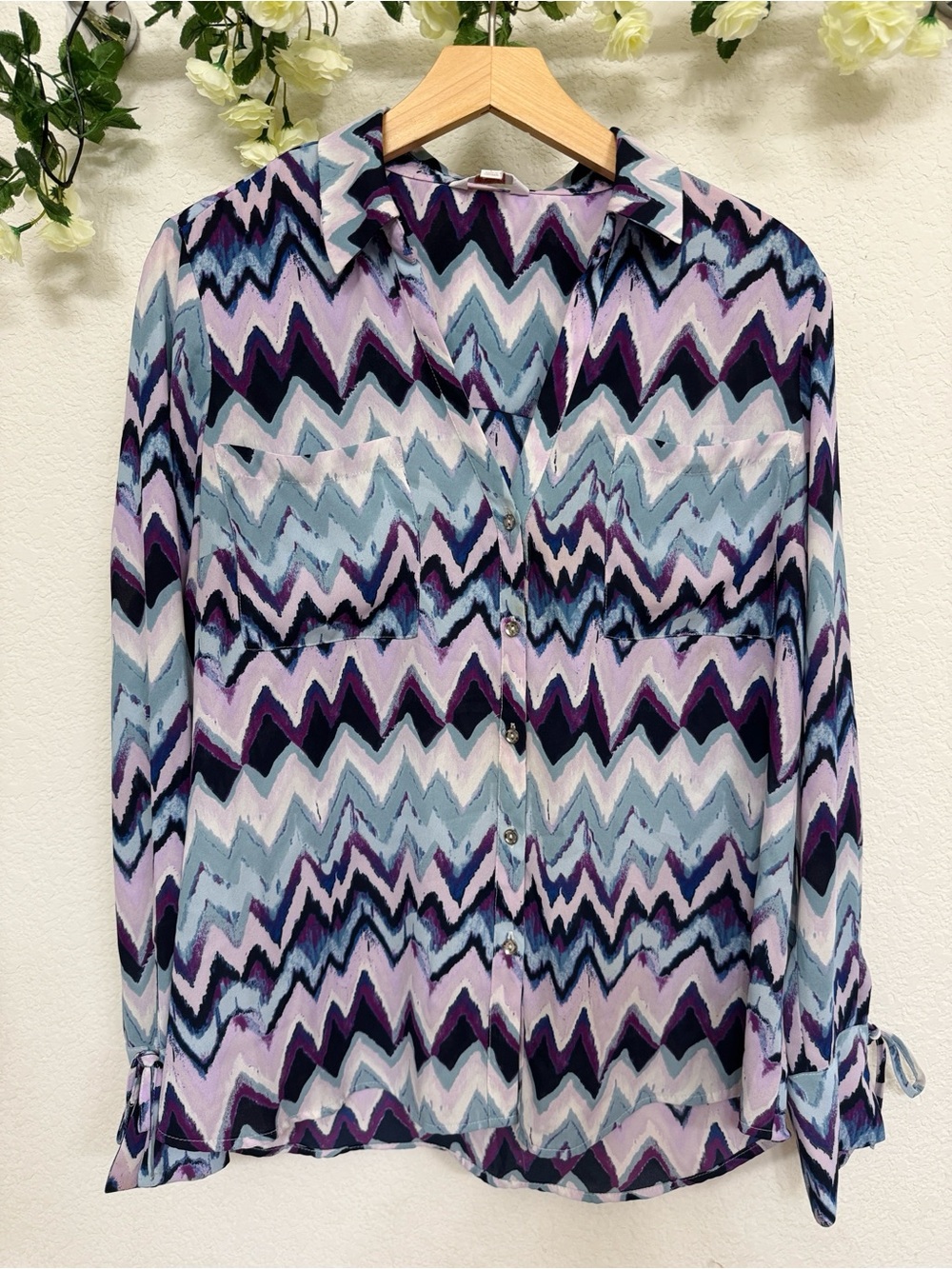 Candie’s • Purple Blue Chevron Blouse Button Front Long Sleeve Y2K Boho Top